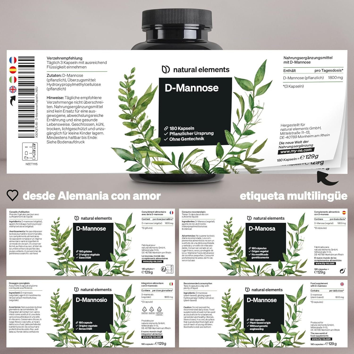 D Manosa Vegetal - 180 Cápsulas Veganas - Suministro Para 2 Meses - Sin Esterato De Magnesio - Dosis Óptima Y Sin Aditivos Innecesarios - 1800Mg Por Dia - Probado En Laboratorio En Alemania