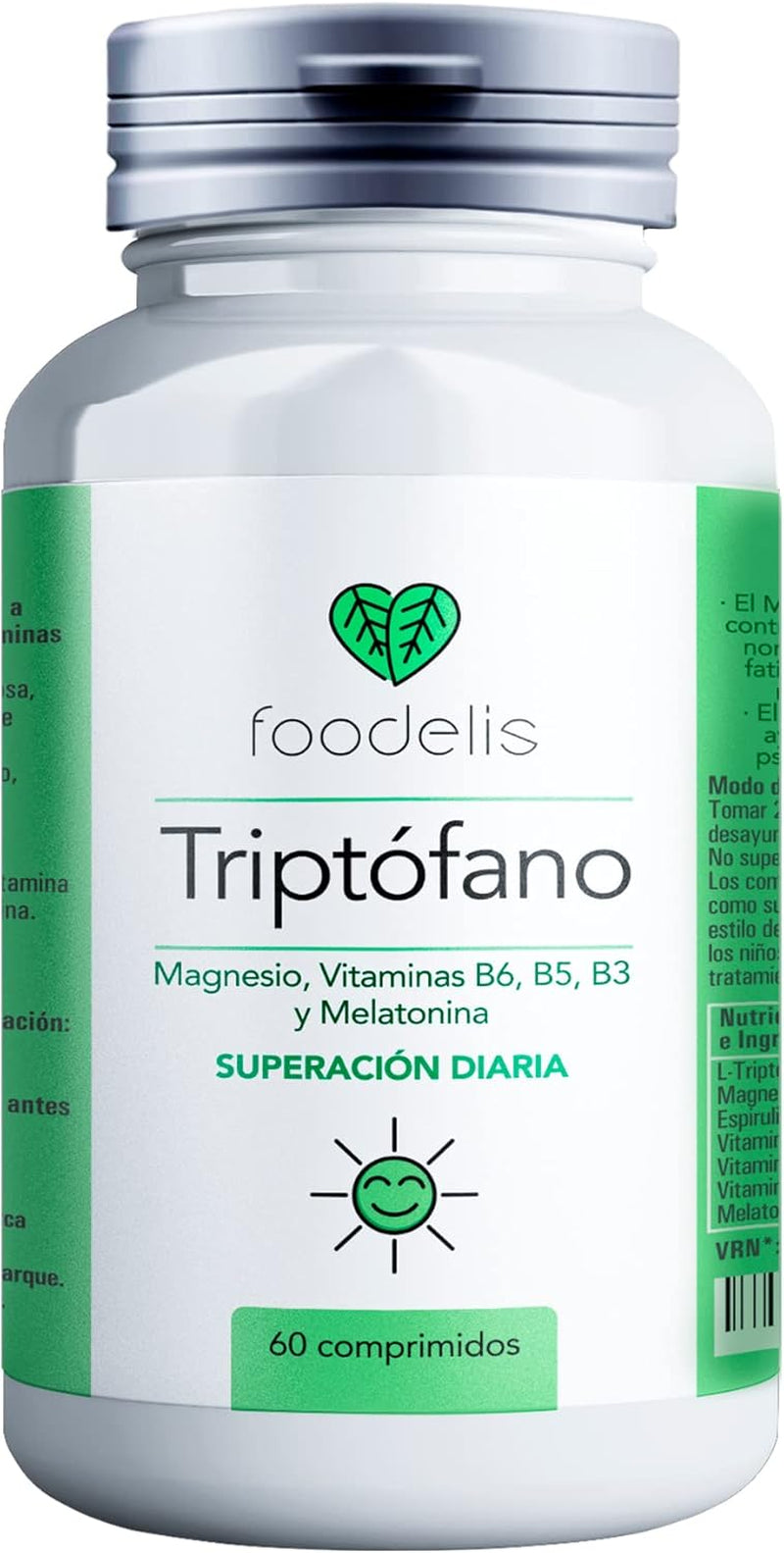 Triptofano Con Melatonina Y Magnesio | 60UD - 2 MESES | + Espirulina + Vitaminas B3, B5 Y B6 | Apoyo Al Funcionamiento Psicológico Y El Sistema Nervioso.