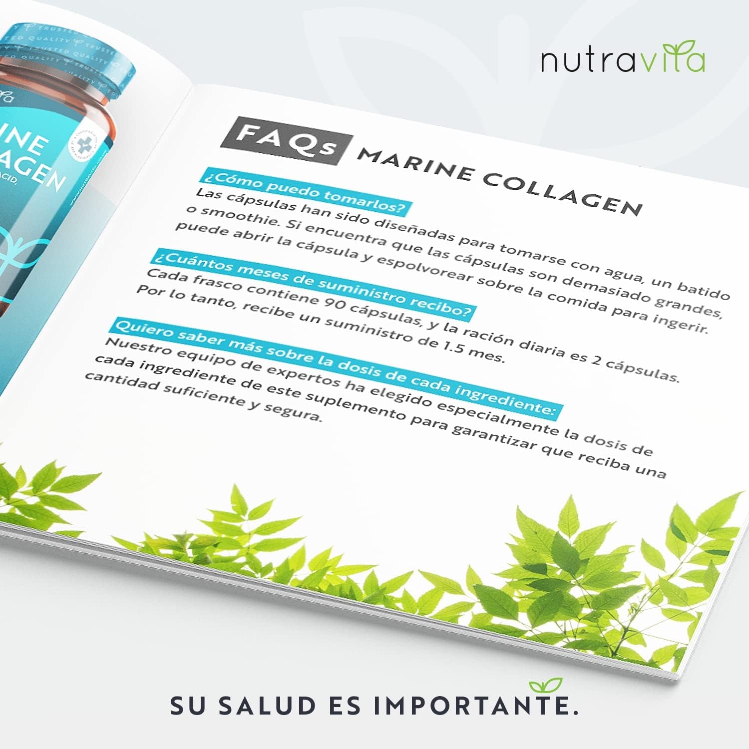 Super Fuerza Colágeno Marino Dosis Alta 1000 Mg, Ácido Hialurónico, Vitamina C Y E | 90 Cápsulas | Biodisponibilidad Superior | Fabricado Por Nutravita