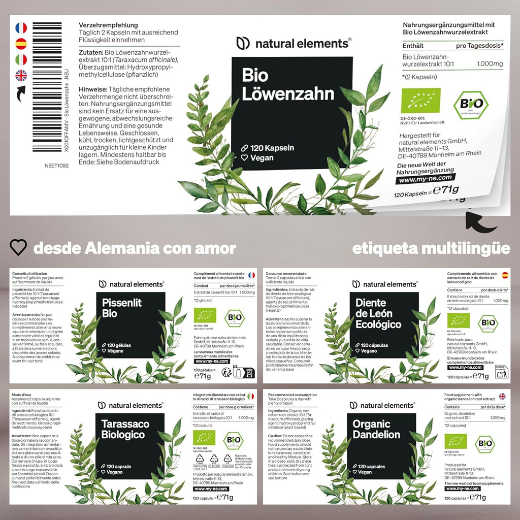 Diente De León Ecológico (10:1) - 1.000 Mg De Extracto De Raíz De Diente De León Por Dosis Diaria - 120 Cápsulas En Alta Dosificación - Probado En Laboratorio Y Vegano