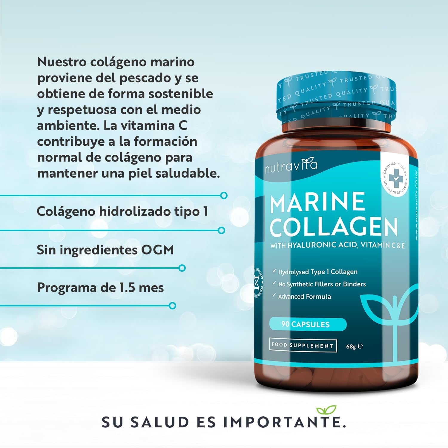 Super Fuerza Colágeno Marino Dosis Alta 1000 Mg, Ácido Hialurónico, Vitamina C Y E | 90 Cápsulas | Biodisponibilidad Superior | Fabricado Por Nutravita