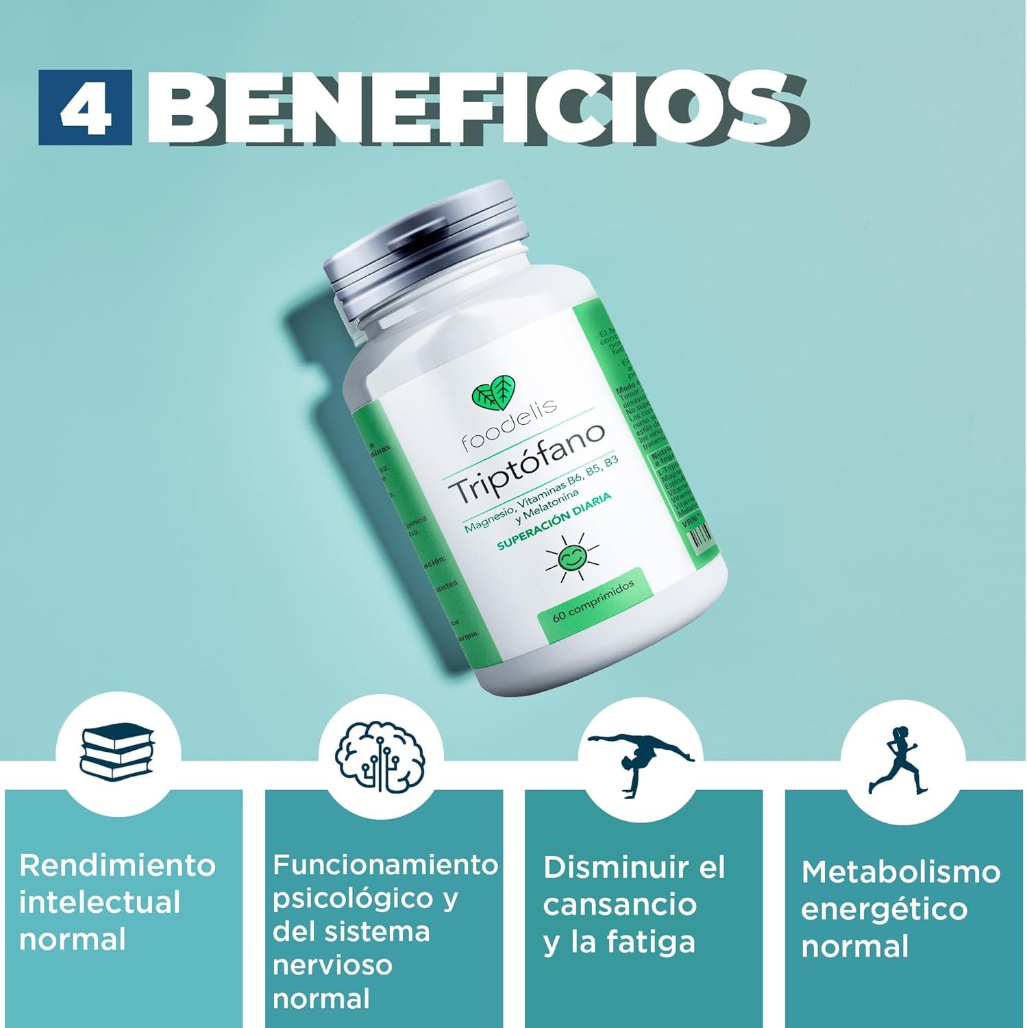 Triptofano Con Melatonina Y Magnesio | 60UD - 2 MESES | + Espirulina + Vitaminas B3, B5 Y B6 | Apoyo Al Funcionamiento Psicológico Y El Sistema Nervioso.