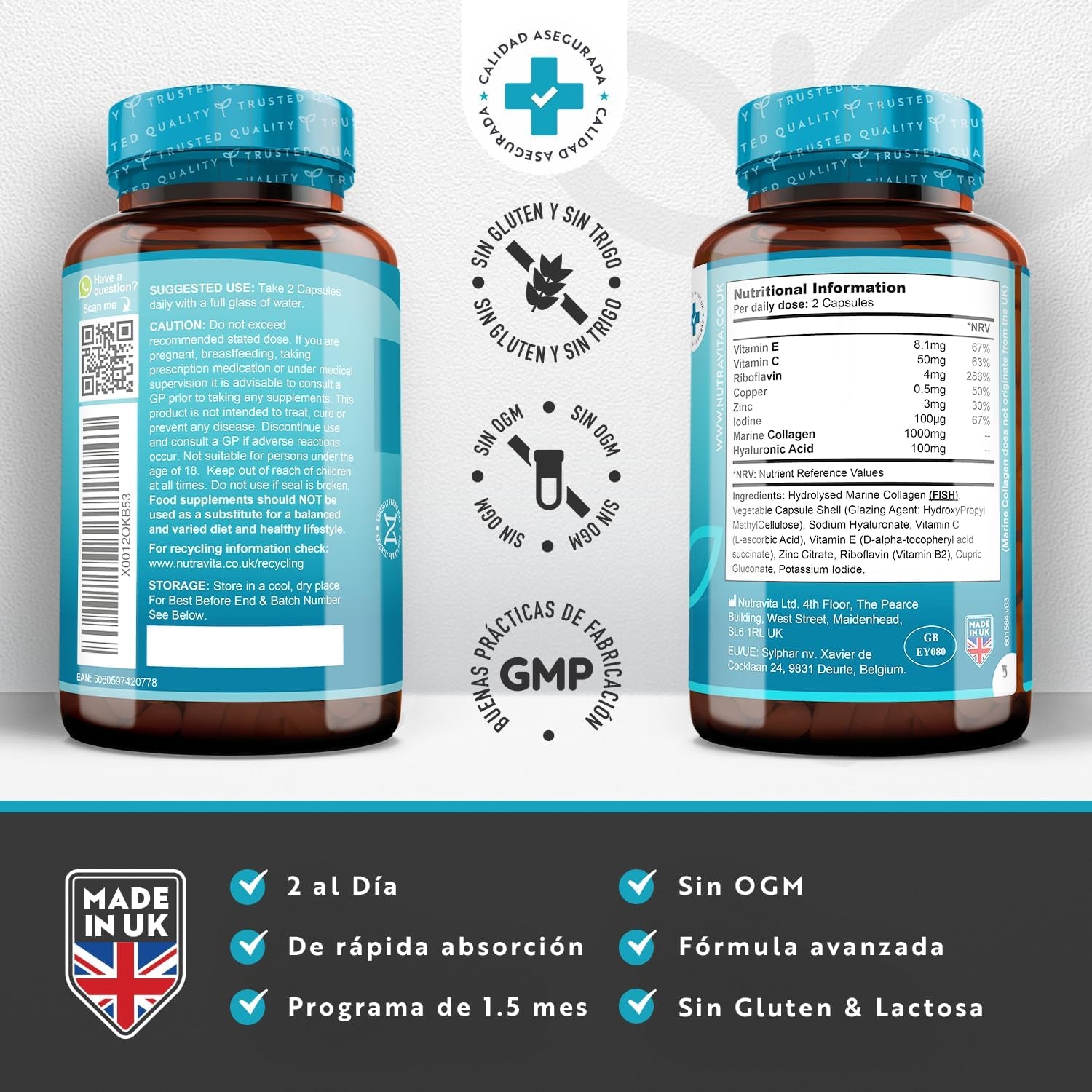 Super Fuerza Colágeno Marino Dosis Alta 1000 Mg, Ácido Hialurónico, Vitamina C Y E | 90 Cápsulas | Biodisponibilidad Superior | Fabricado Por Nutravita