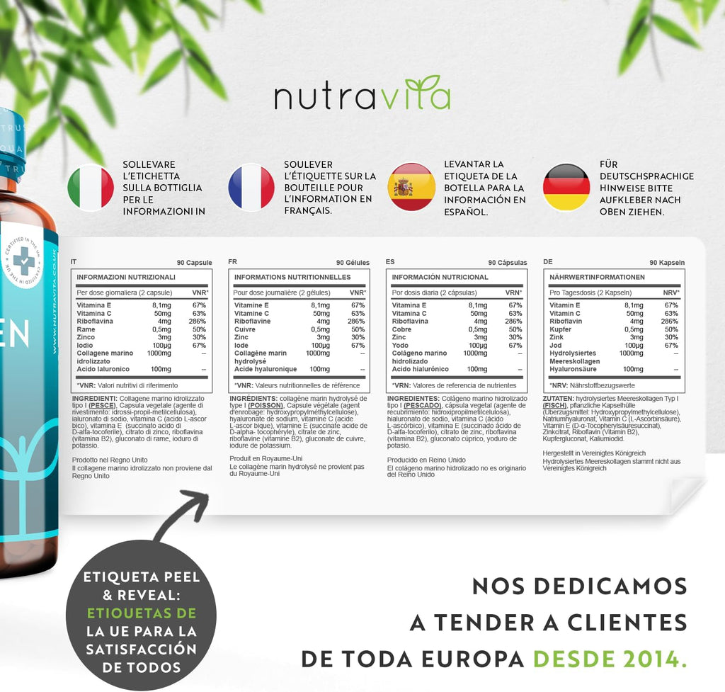 Super Fuerza Colágeno Marino Dosis Alta 1000 Mg, Ácido Hialurónico, Vitamina C Y E | 90 Cápsulas | Biodisponibilidad Superior | Fabricado Por Nutravita