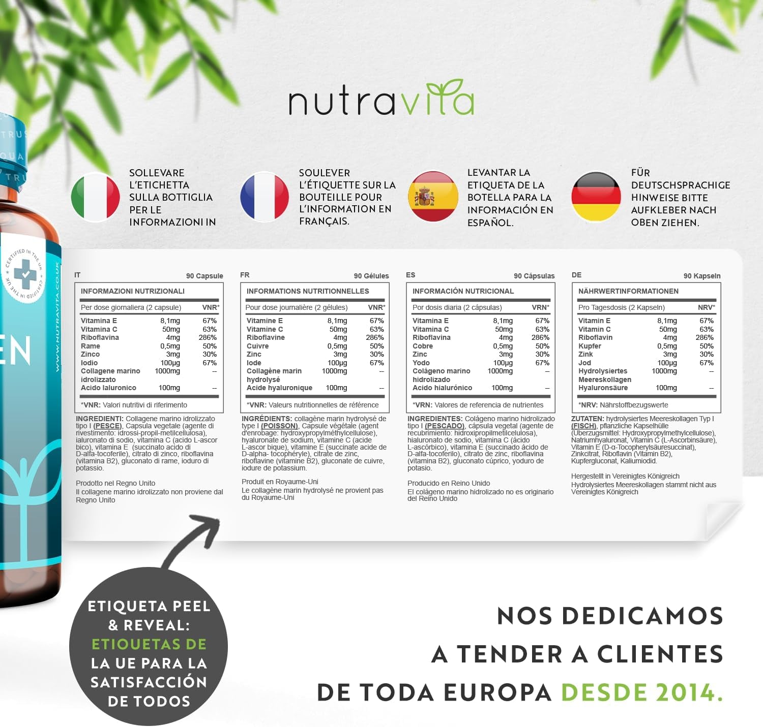 Super Fuerza Colágeno Marino Dosis Alta 1000 Mg, Ácido Hialurónico, Vitamina C Y E | 90 Cápsulas | Biodisponibilidad Superior | Fabricado Por Nutravita