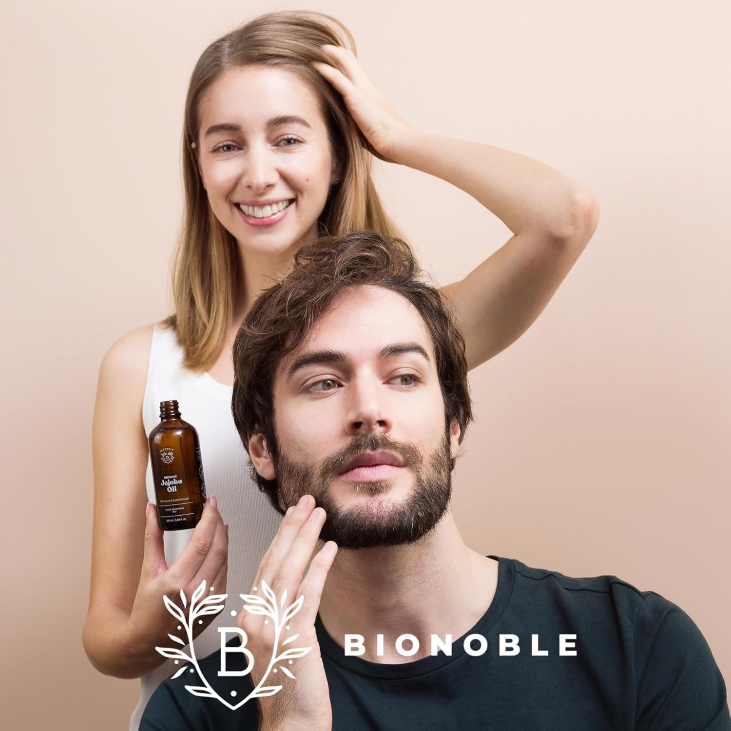 Bionoble Aceite De Jojoba Orgánico 100Ml - 100% Puro, Natural Y Prensado En Frío - Rostro, Cuerpo, Cabello, Barba, Uñas - Vegano Y Cruelty Free - Jojoba Oil - Botella De Vidrio + Pipeta + Bomba