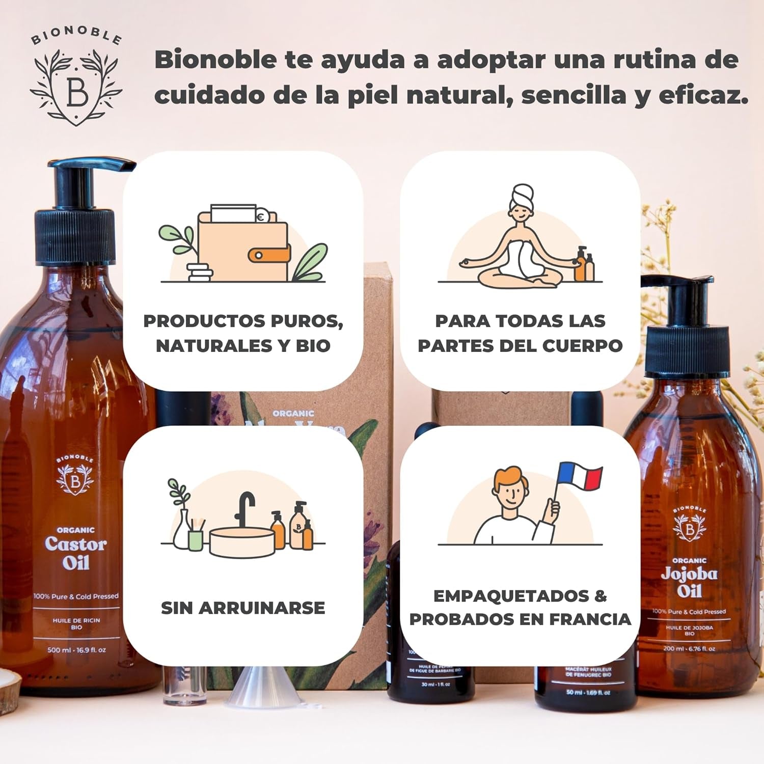 Bionoble Aceite De Jojoba Orgánico 100Ml - 100% Puro, Natural Y Prensado En Frío - Rostro, Cuerpo, Cabello, Barba, Uñas - Vegano Y Cruelty Free - Jojoba Oil - Botella De Vidrio + Pipeta + Bomba