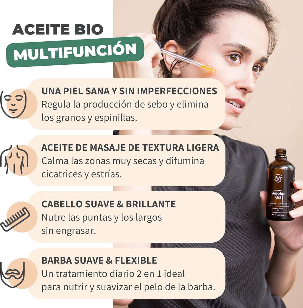 Bionoble Aceite De Jojoba Orgánico 100Ml - 100% Puro, Natural Y Prensado En Frío - Rostro, Cuerpo, Cabello, Barba, Uñas - Vegano Y Cruelty Free - Jojoba Oil - Botella De Vidrio + Pipeta + Bomba