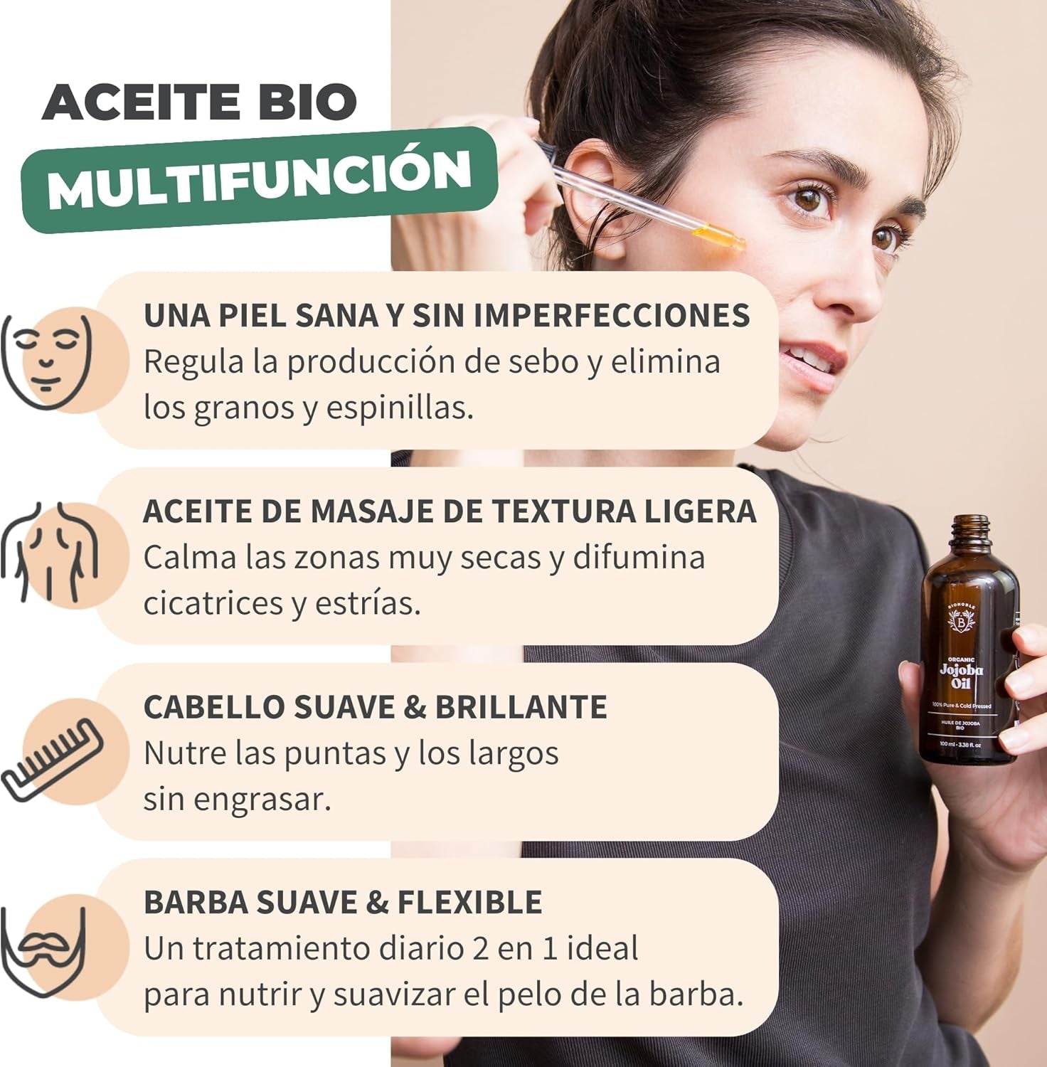 Bionoble Aceite De Jojoba Orgánico 100Ml - 100% Puro, Natural Y Prensado En Frío - Rostro, Cuerpo, Cabello, Barba, Uñas - Vegano Y Cruelty Free - Jojoba Oil - Botella De Vidrio + Pipeta + Bomba