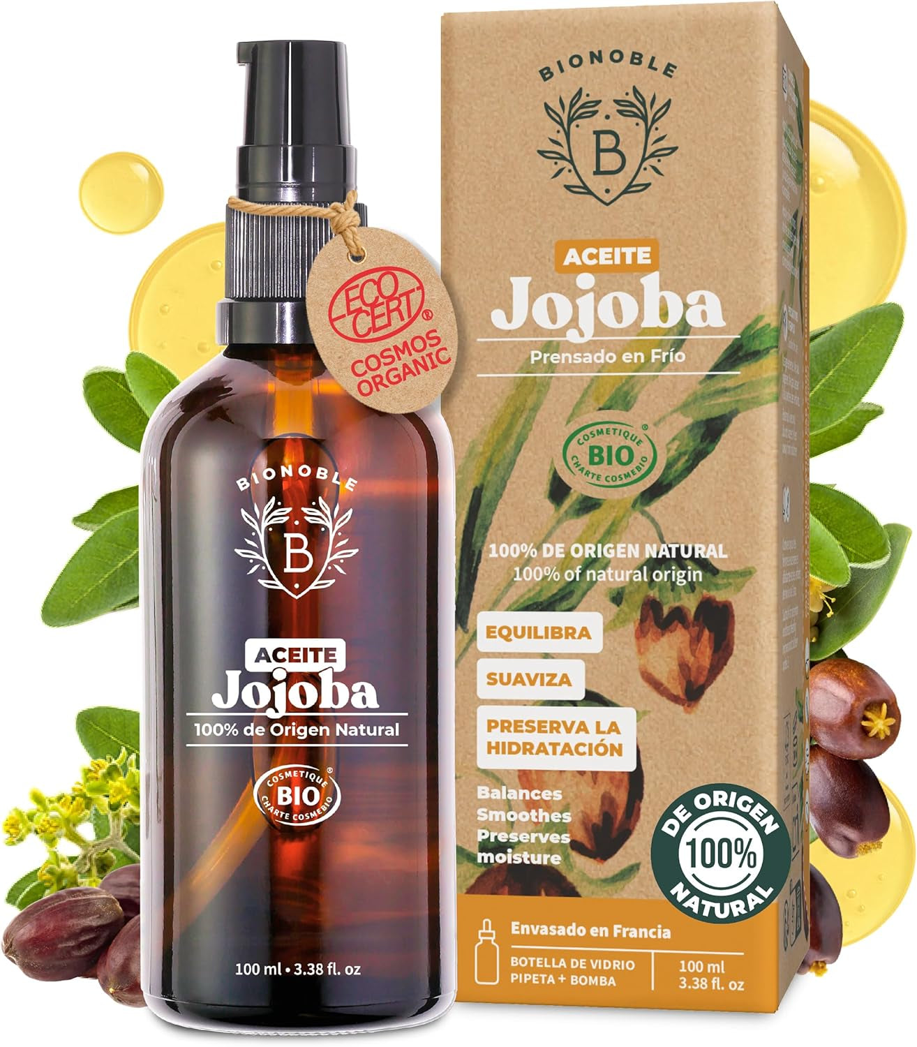 Bionoble Aceite De Jojoba Orgánico 100Ml - 100% Puro, Natural Y Prensado En Frío - Rostro, Cuerpo, Cabello, Barba, Uñas - Vegano Y Cruelty Free - Jojoba Oil - Botella De Vidrio + Pipeta + Bomba