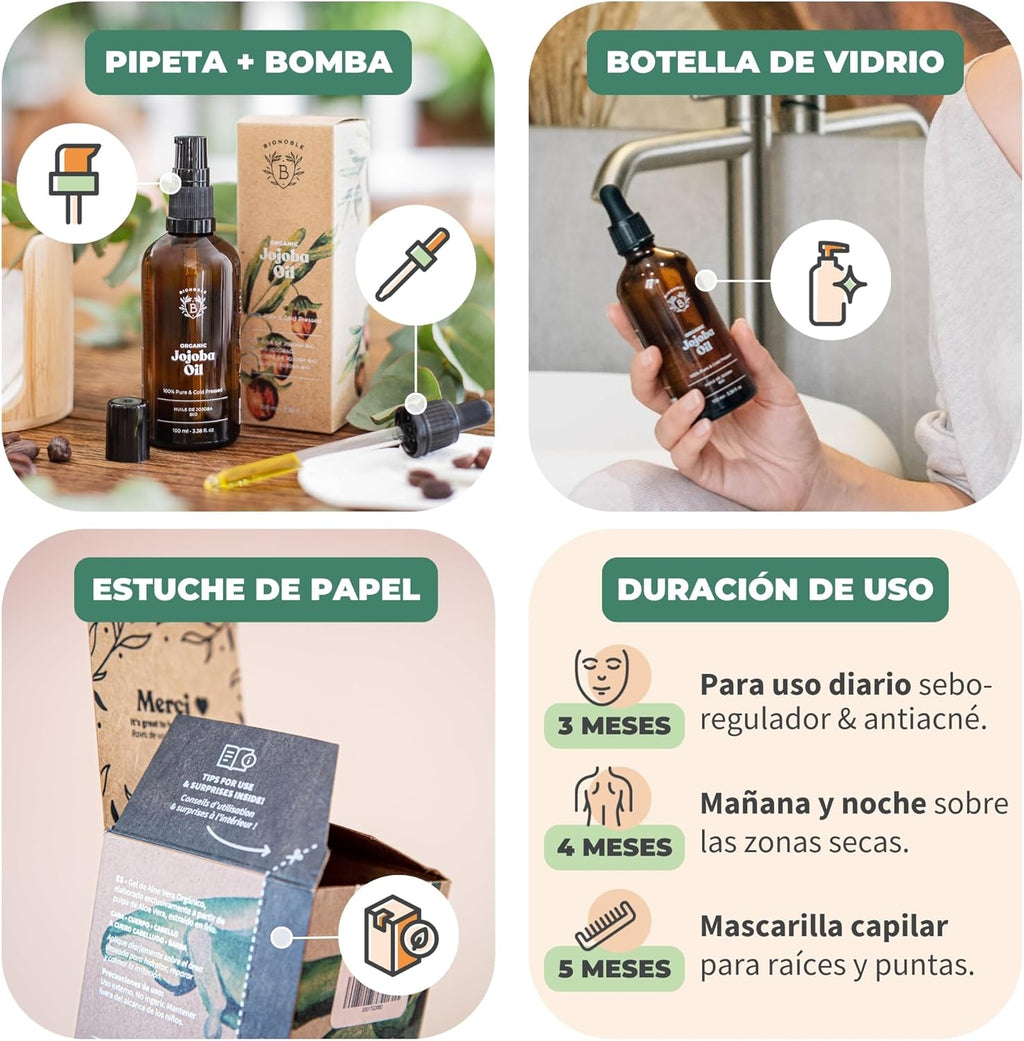 Bionoble Aceite De Jojoba Orgánico 100Ml - 100% Puro, Natural Y Prensado En Frío - Rostro, Cuerpo, Cabello, Barba, Uñas - Vegano Y Cruelty Free - Jojoba Oil - Botella De Vidrio + Pipeta + Bomba