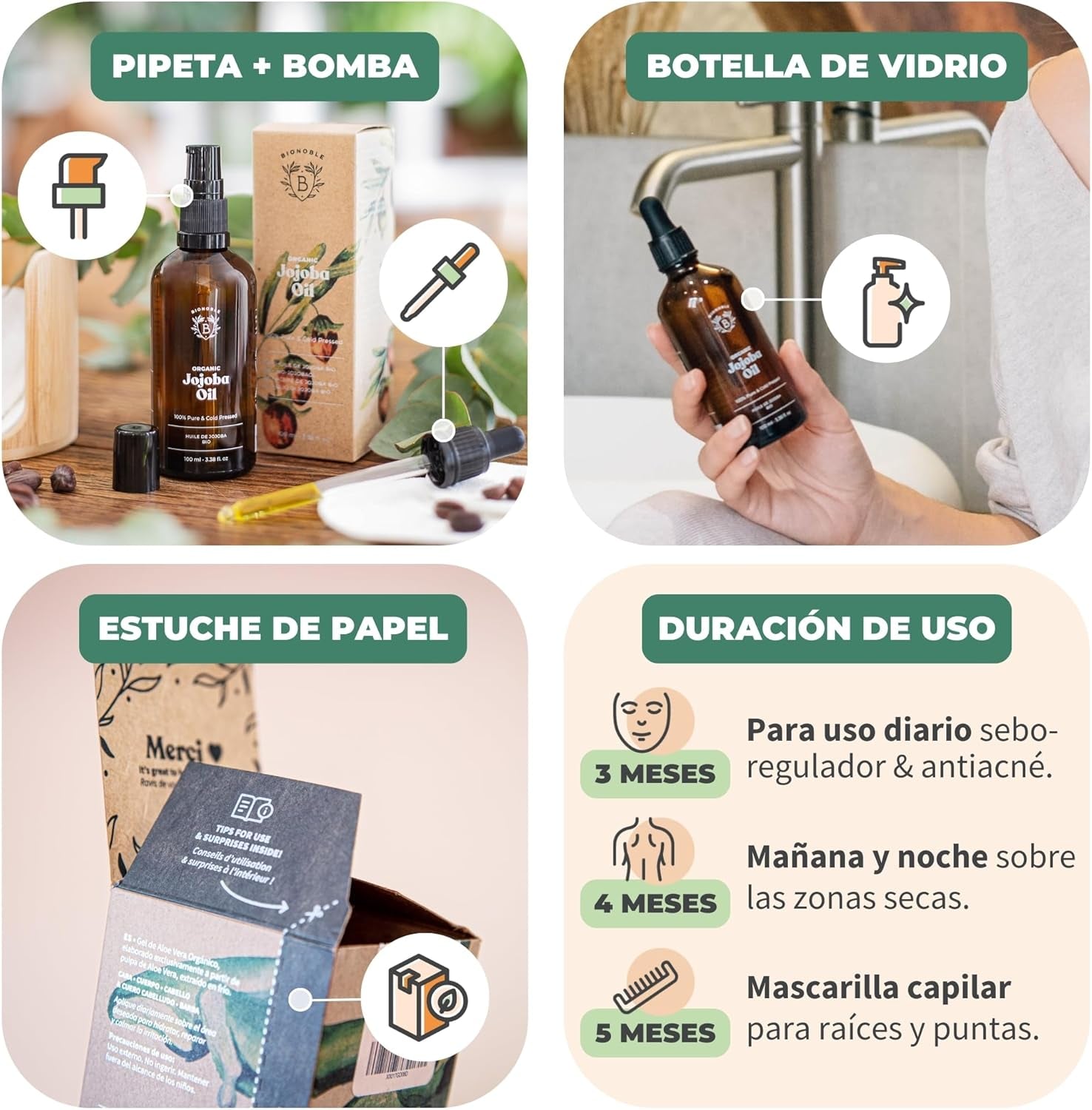 Bionoble Aceite De Jojoba Orgánico 100Ml - 100% Puro, Natural Y Prensado En Frío - Rostro, Cuerpo, Cabello, Barba, Uñas - Vegano Y Cruelty Free - Jojoba Oil - Botella De Vidrio + Pipeta + Bomba