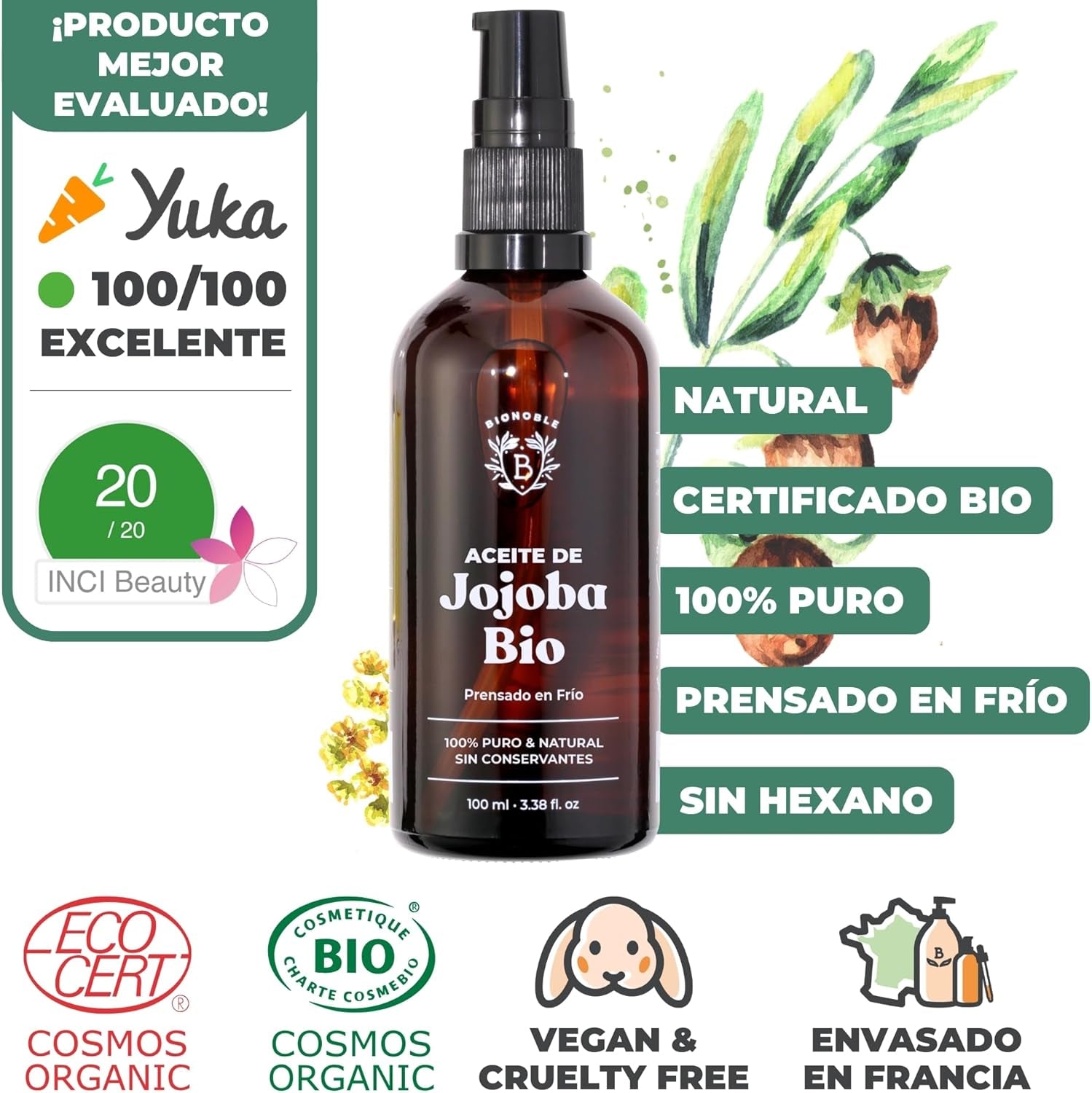 Bionoble Aceite De Jojoba Orgánico 100Ml - 100% Puro, Natural Y Prensado En Frío - Rostro, Cuerpo, Cabello, Barba, Uñas - Vegano Y Cruelty Free - Jojoba Oil - Botella De Vidrio + Pipeta + Bomba