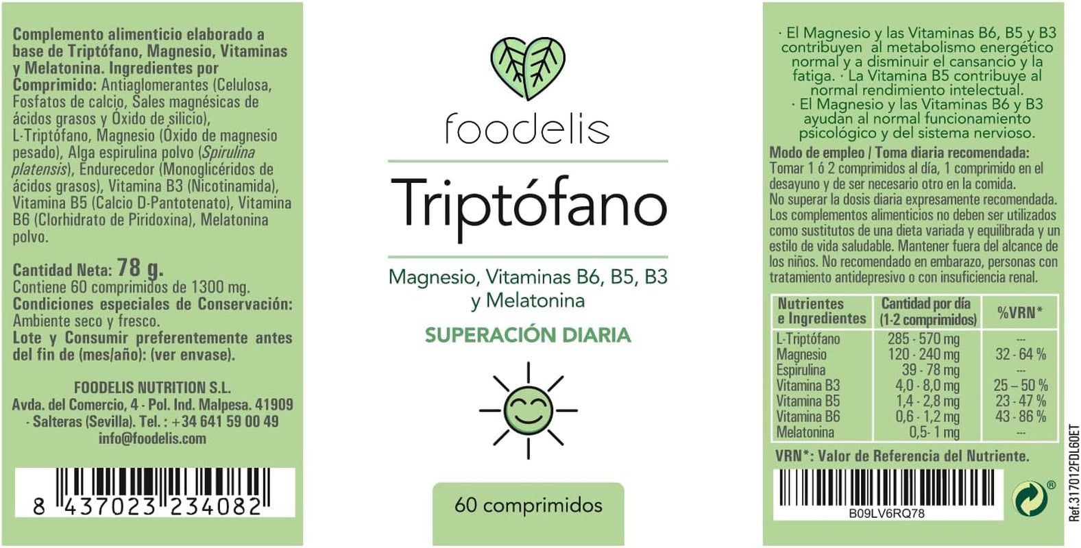 Triptofano Con Melatonina Y Magnesio | 60UD - 2 MESES | + Espirulina + Vitaminas B3, B5 Y B6 | Apoyo Al Funcionamiento Psicológico Y El Sistema Nervioso.