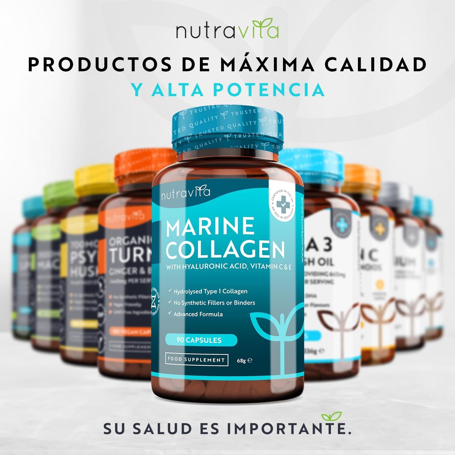 Super Fuerza Colágeno Marino Dosis Alta 1000 Mg, Ácido Hialurónico, Vitamina C Y E | 90 Cápsulas | Biodisponibilidad Superior | Fabricado Por Nutravita