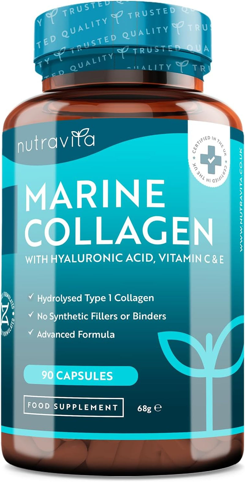 Super Fuerza Colágeno Marino Dosis Alta 1000 Mg, Ácido Hialurónico, Vitamina C Y E | 90 Cápsulas | Biodisponibilidad Superior | Fabricado Por Nutravita